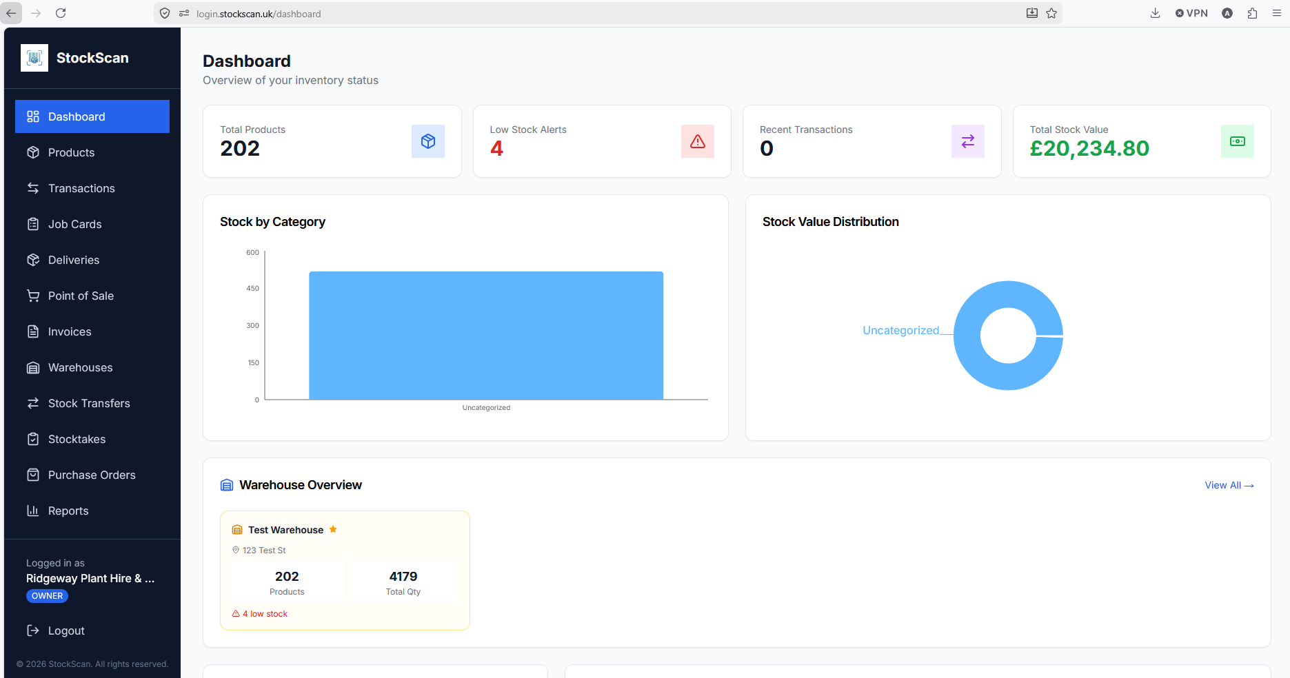 StockScan web portal dashboard showing stock levels, categories, and warehouse overview